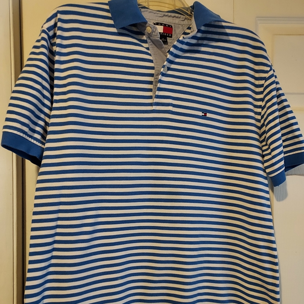 Tommy Hilfiger M Preppy Striped Blue White Polo Golf Shirt Nautical Yacht Club